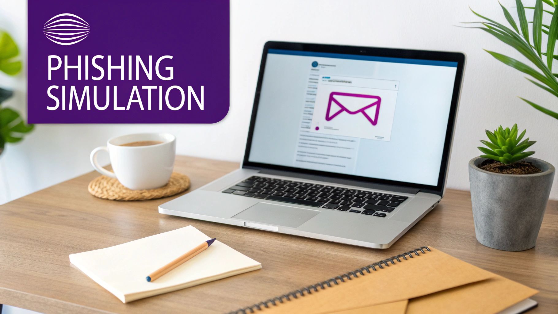 A laptop on a desk displaying a phishing simulation email, with coffee and office supplies.