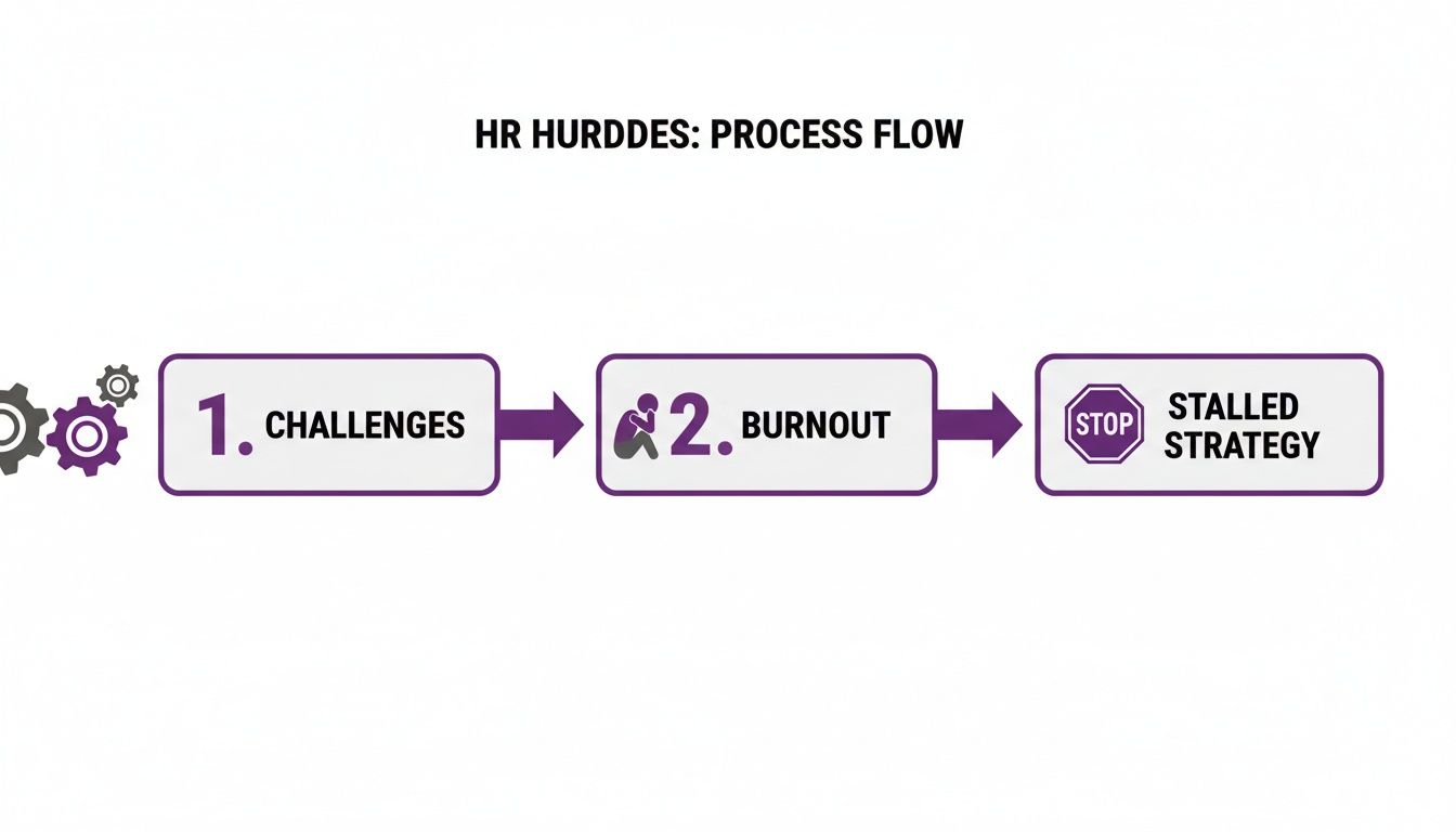 A process flow diagram shows HR challenges leading to burnout and then to a stalled strategy.