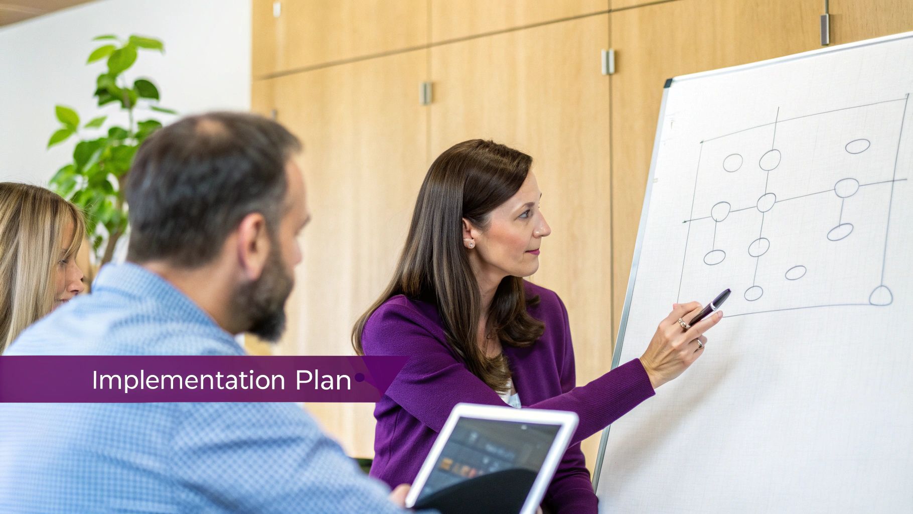 Businesswoman explains an implementation plan diagram on a whiteboard to attentive colleagues.
