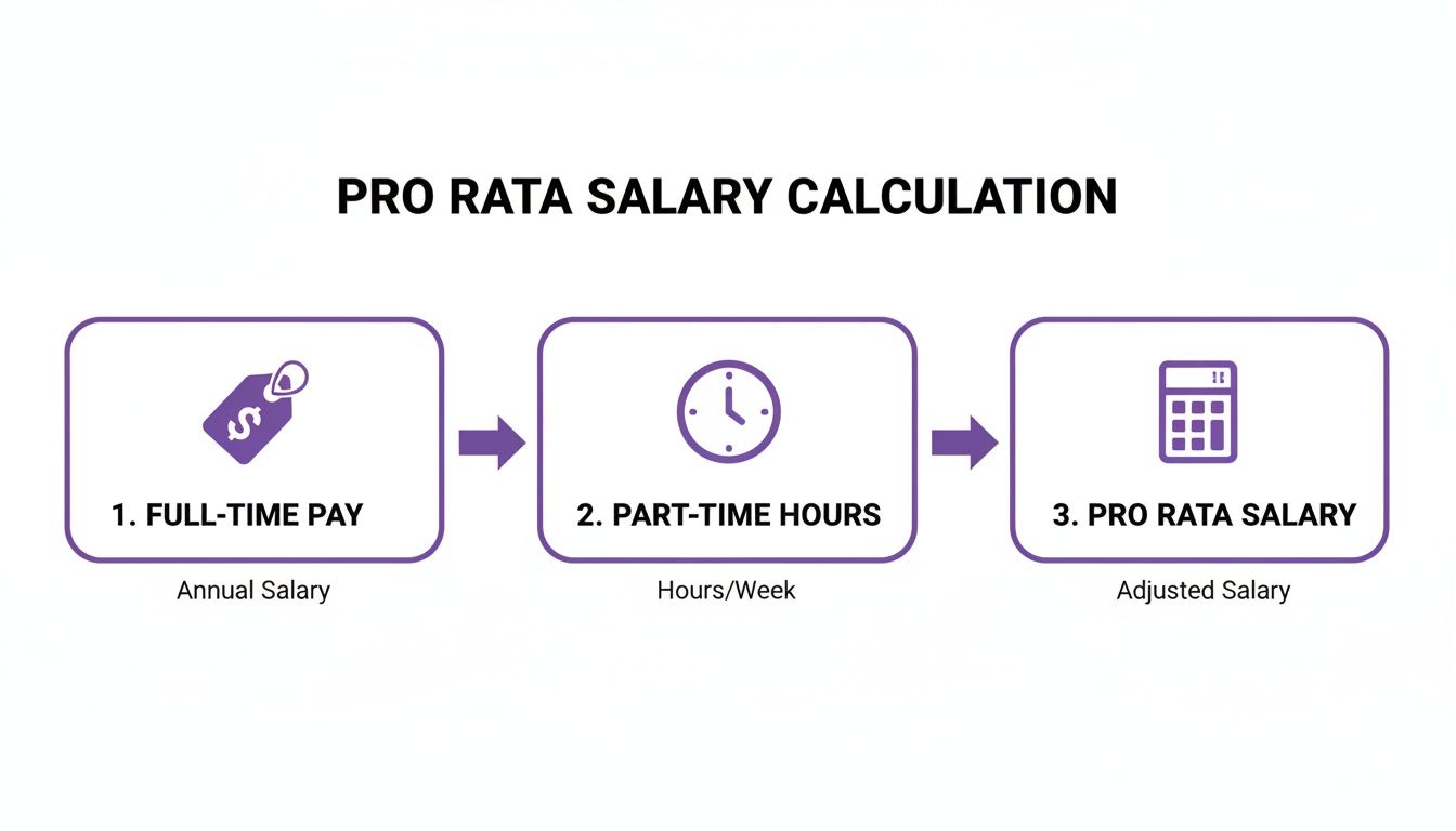 Flowchart illustrating the three steps of pro rata salary calculation: full-time pay, part-time hours, and adjusted salary.