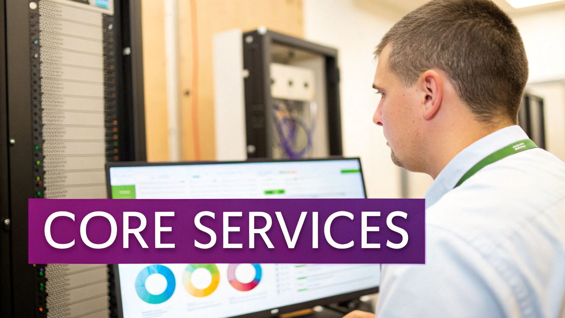 A technician monitors server performance on a computer screen in a data centre with 'CORE SERVICES' text overlay.
