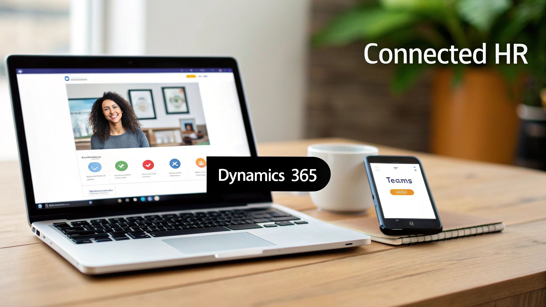Diagram showing how Dynamics 365 for HR connects with other Microsoft apps like Teams, Outlook, and Power Platform through a central Dataverse hub.