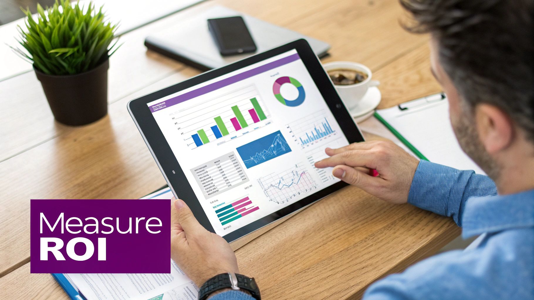 A person analyzing business data and financial charts on a tablet, with 'Measure ROI' overlay.