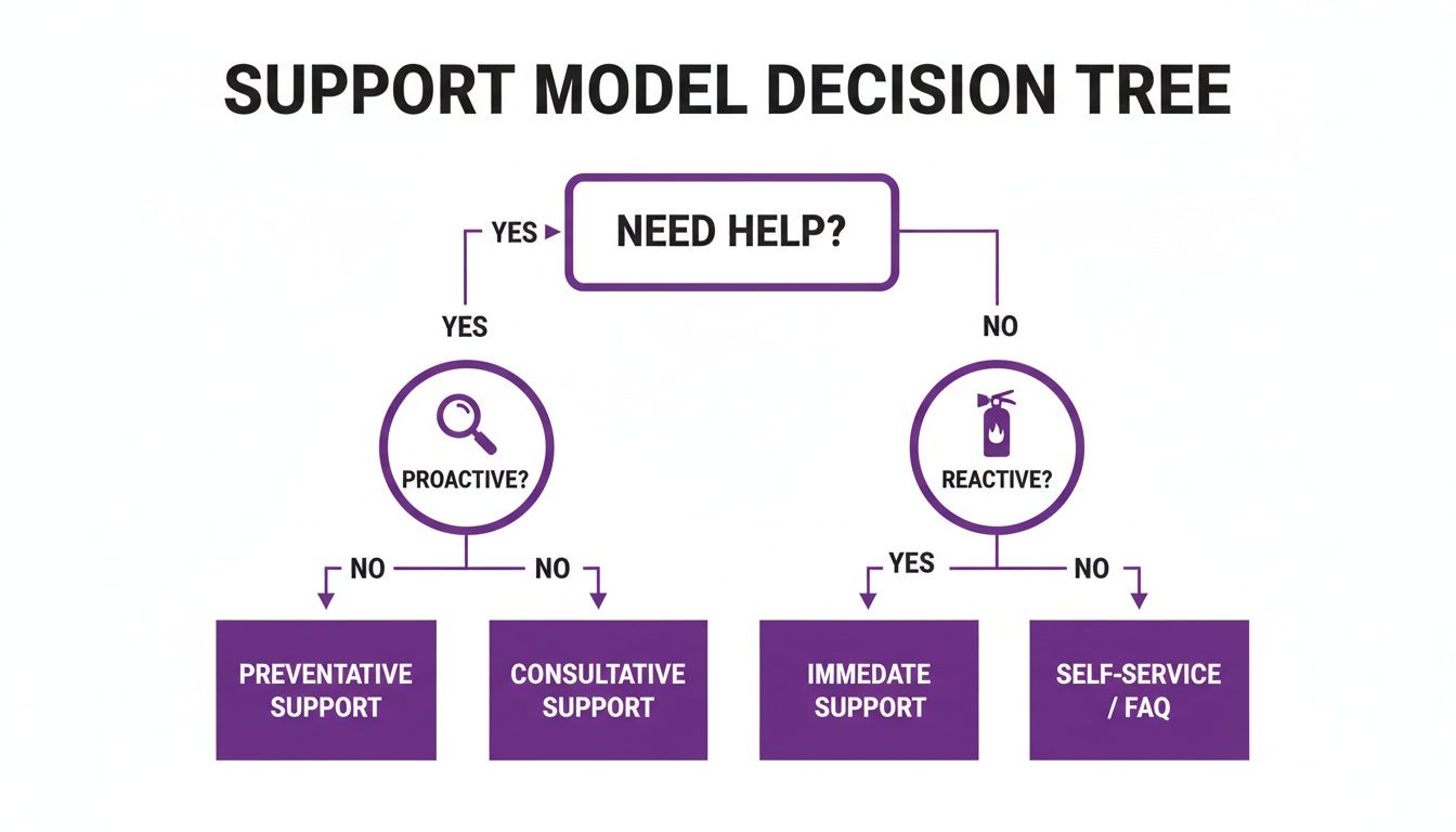 Support model decision tree guiding users through proactive, reactive, preventative, consultative, immediate, and self-service options.
