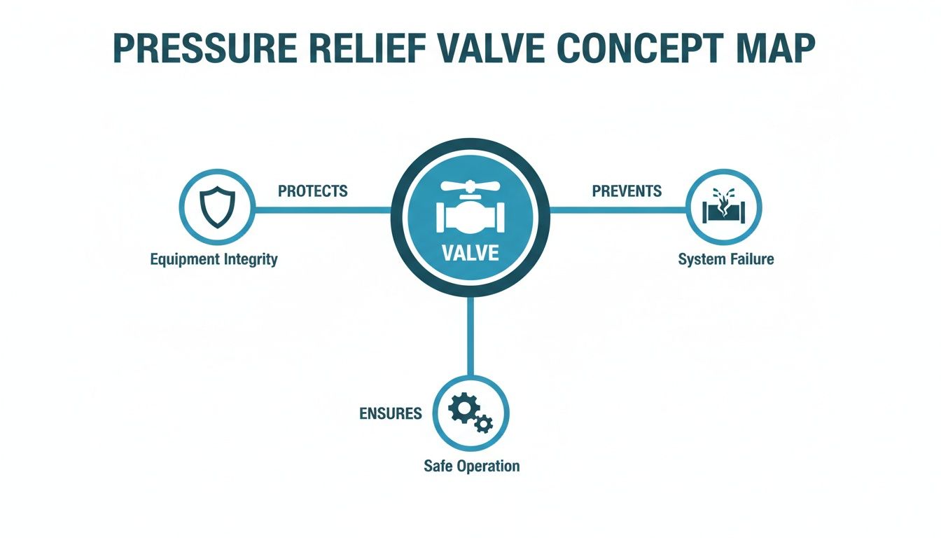 Concept map showing how a pressure relief valve protects equipment integrity, prevents system failure, and ensures safe operation.
