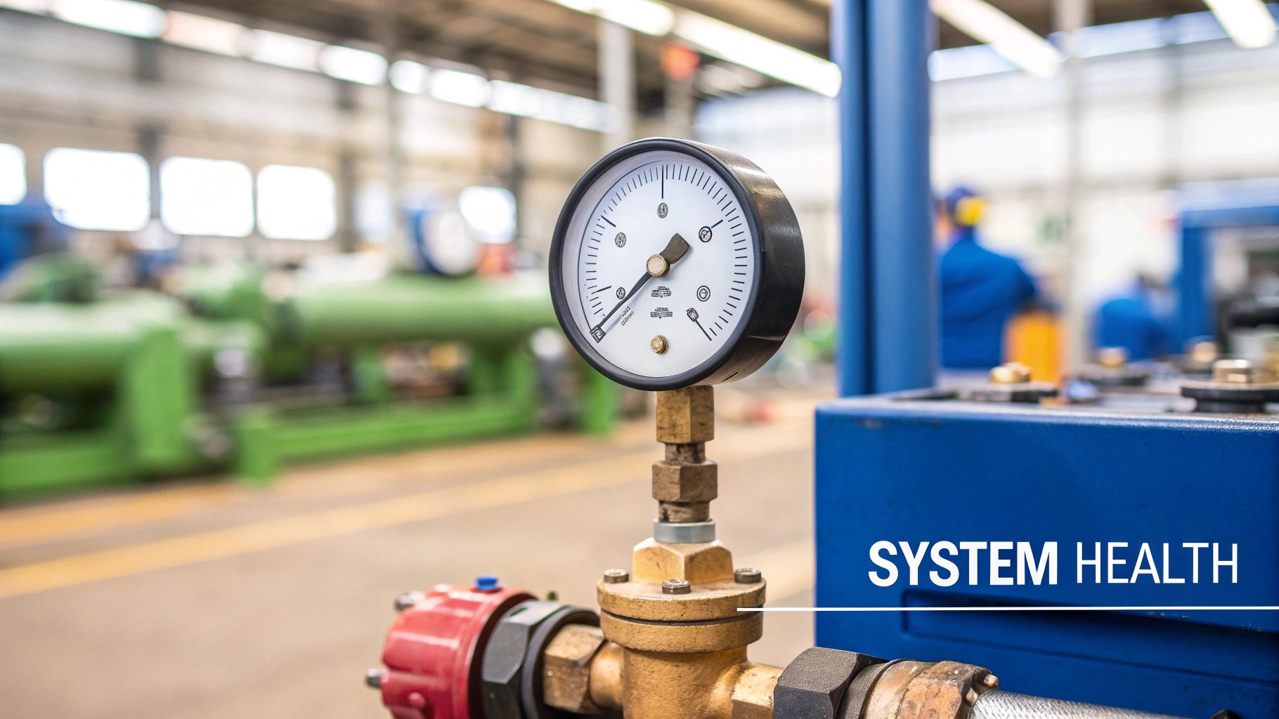 A pressure gauge on an industrial pipeline indicating system health in a factory.