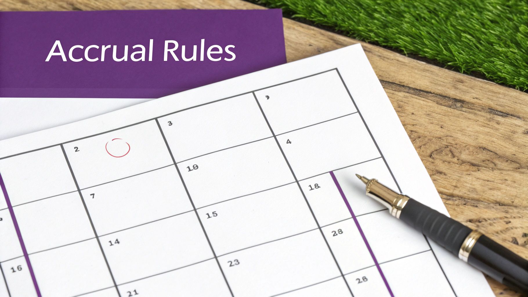 A calendar page showing the date '2' circled in red, next to a document titled 'Accrual Rules' and a pen.