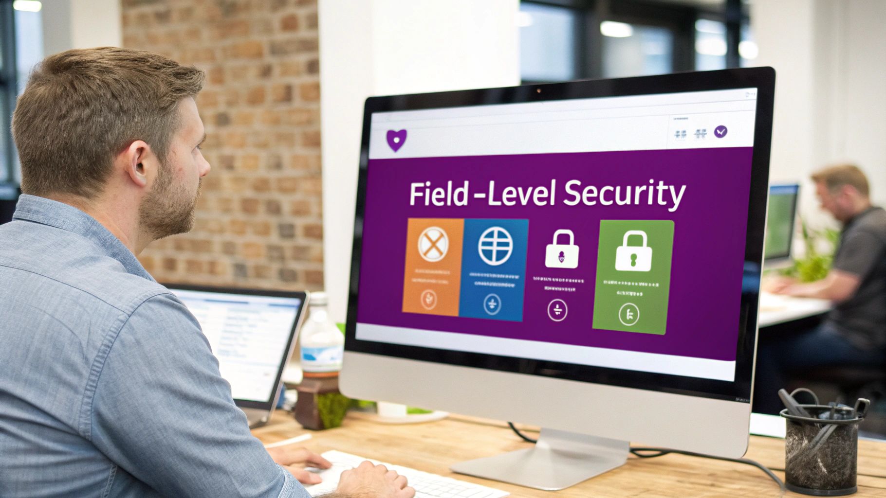 A man looks at a large computer screen displaying "Field-Level Security" with various security icons.