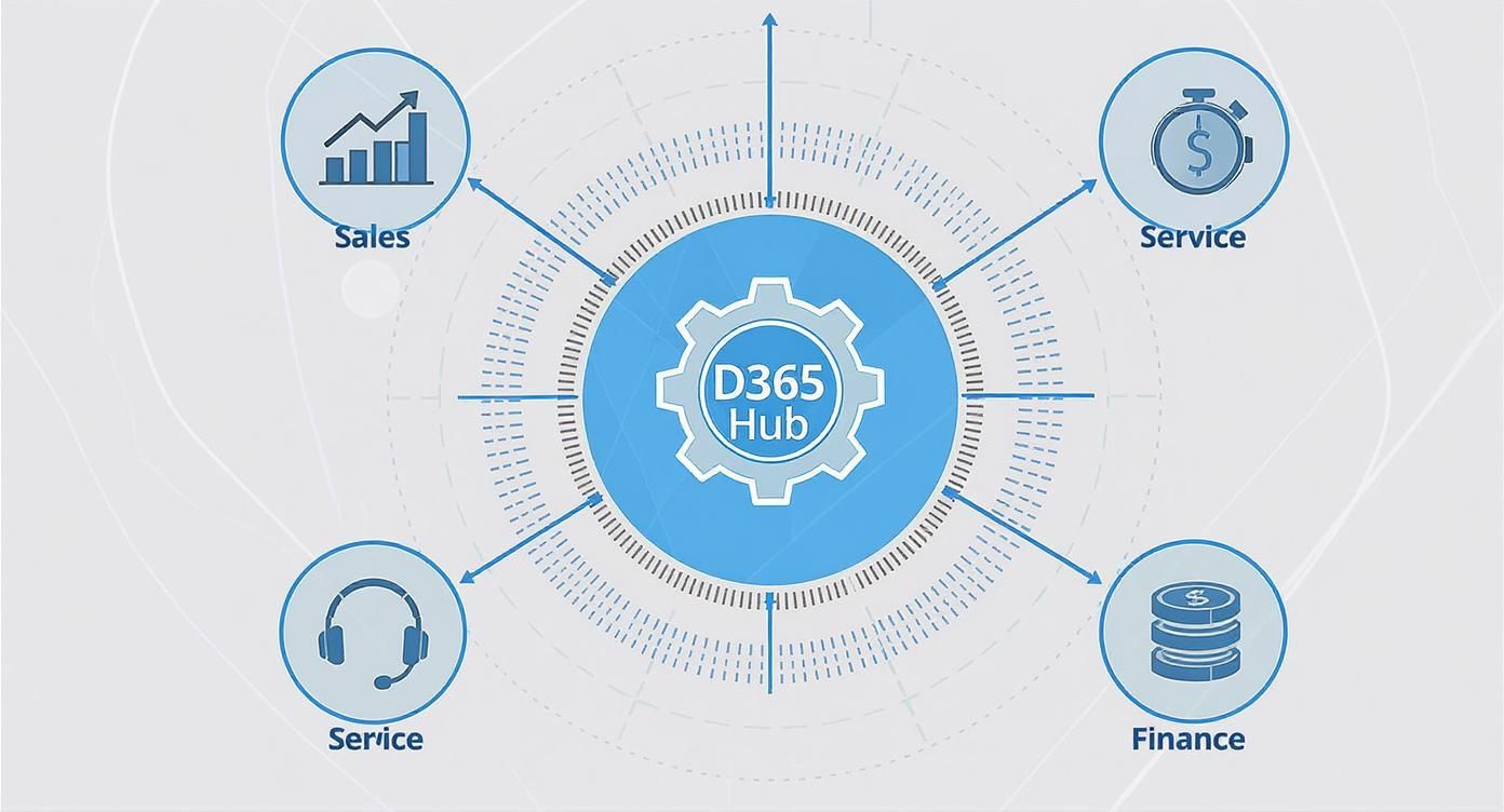 D365 Hub central system connecting Sales, Service, Finance modules with arrows and gear icon