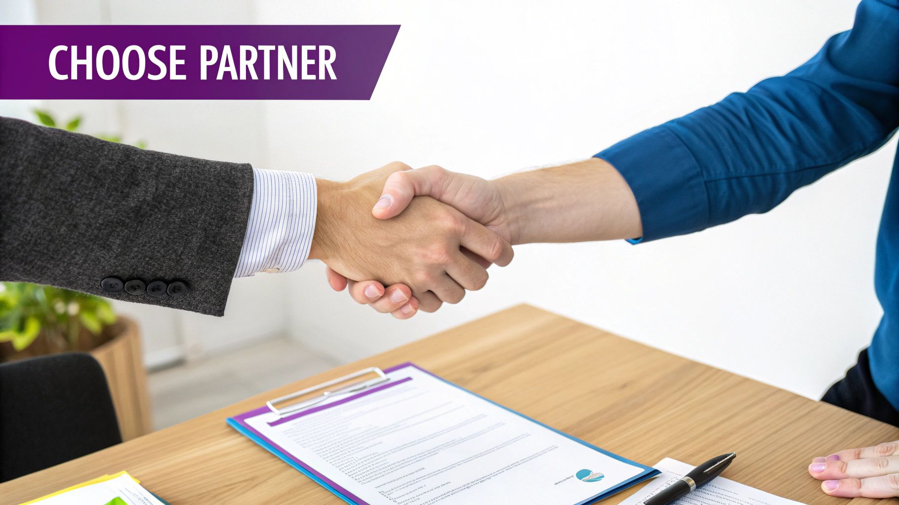 Two business partners shaking hands over a desk with documents, signifying a new agreement.