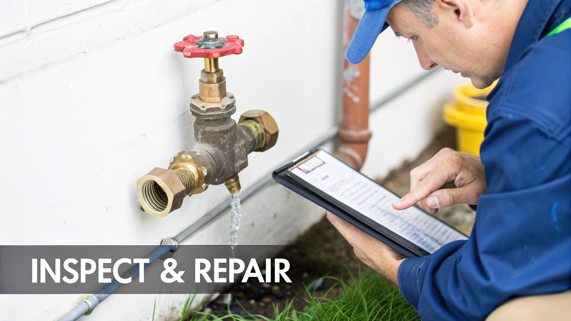 Plumber inspecting a leaking outdoor water valve, recording issues on a digital tablet.