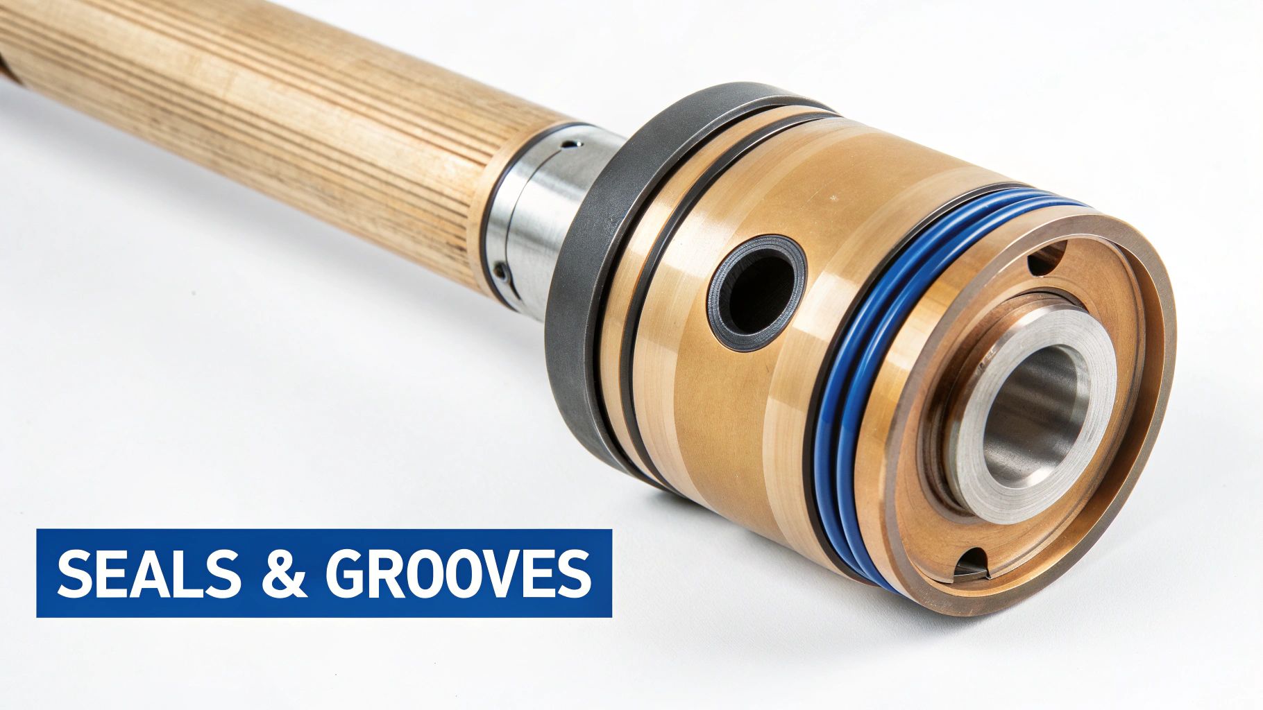 Close-up of a hydraulic cylinder piston showing bronze components, blue seals, and machined grooves.