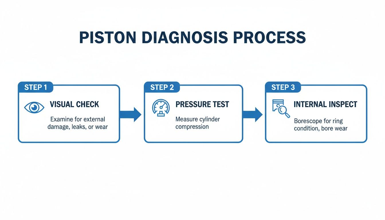Flowchart illustrating the three-step piston diagnosis process: visual check, pressure test, and internal inspection.