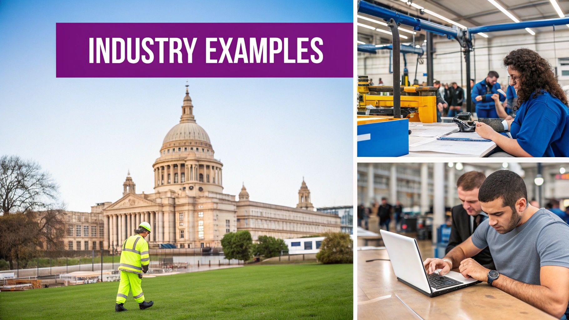 A collage showing a government building with a worker, a factory employee, and professionals using a laptop.