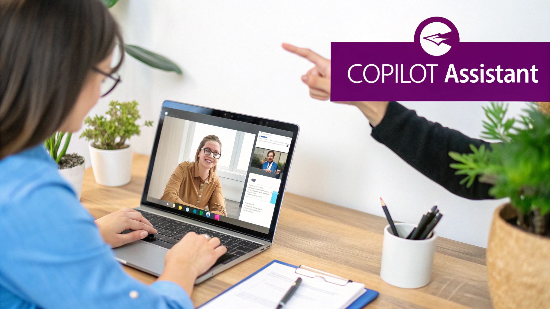 Young woman on laptop video call with Copilot Assistant logo, showing virtual collaboration.