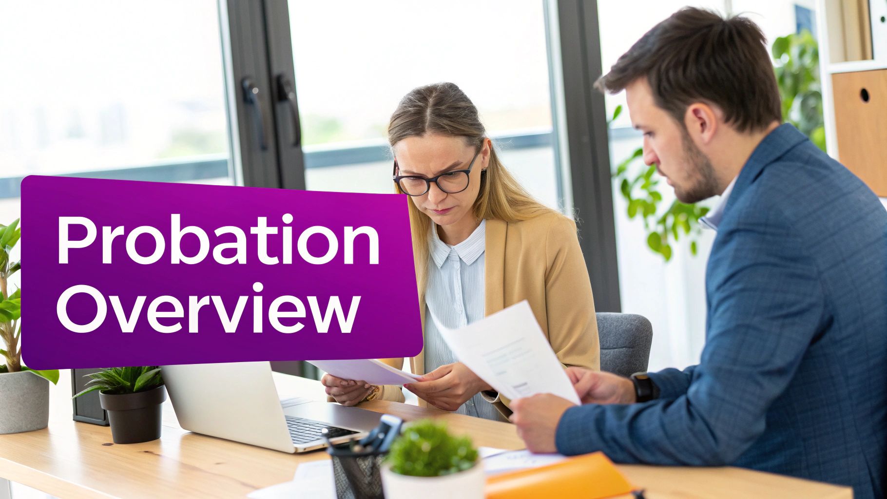 Two professionals discussing documents at a desk with a 'Probation Overview' graphic overlay.