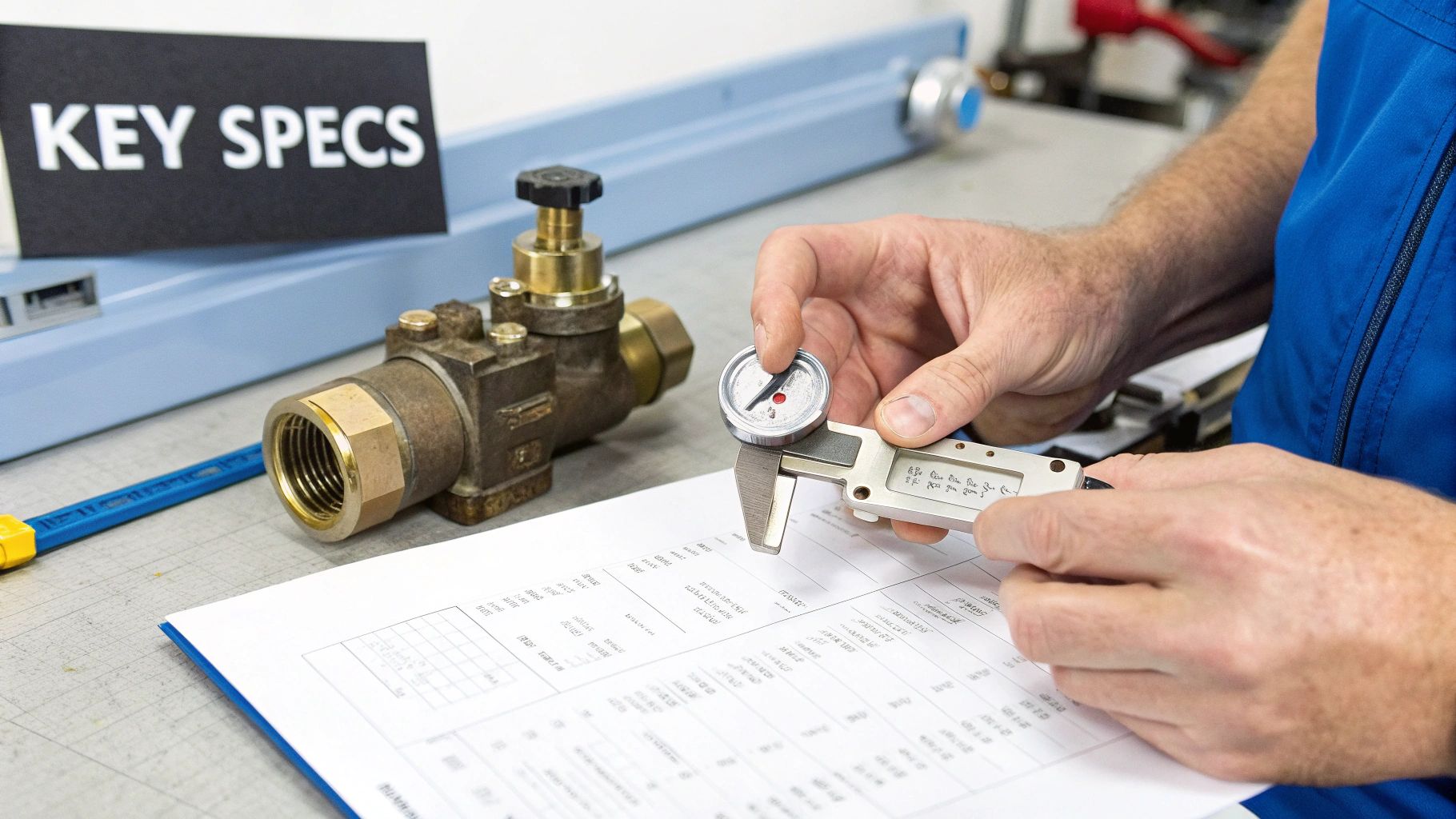 Close-up of a person measuring a small pressure gauge with digital calipers, near a brass valve and 'KEY SPECS' sign.
