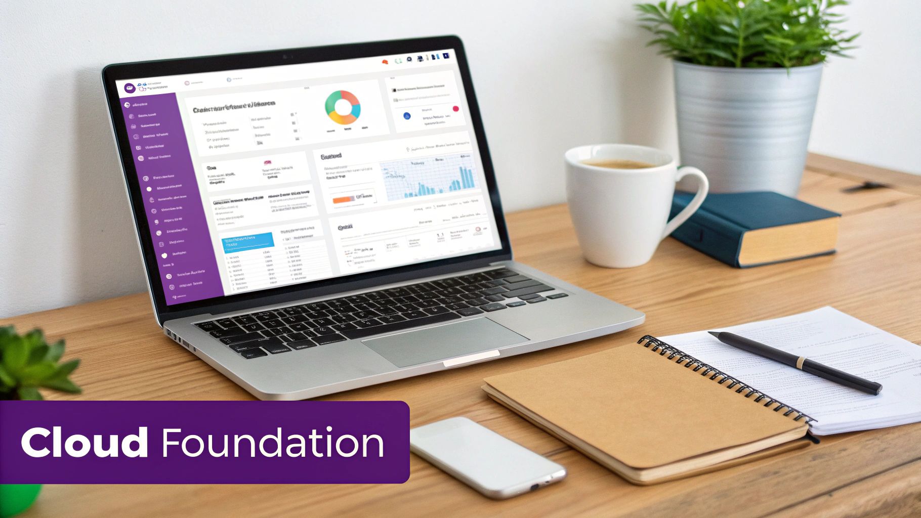 A modern workspace with a laptop showing a cloud foundation dashboard, coffee, phone, and notebooks on a wooden desk.