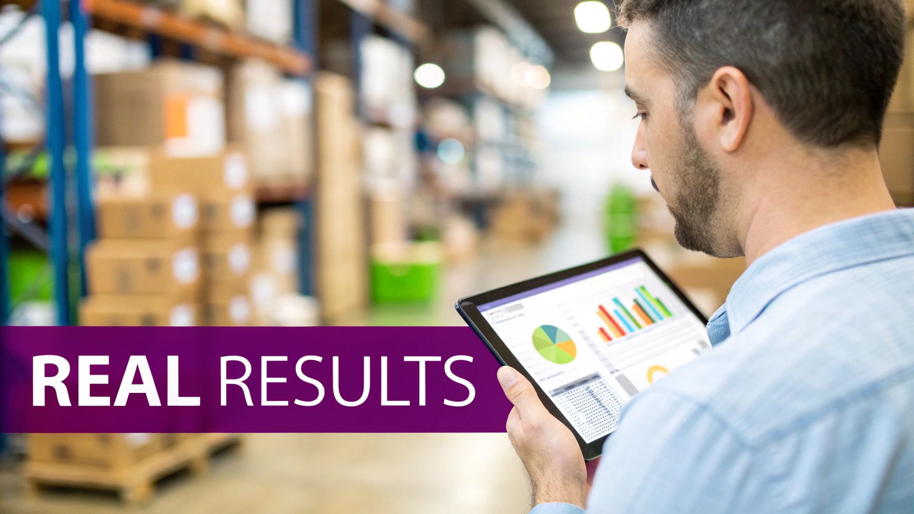Warehouse manager reviewing real-time analytics and business data on tablet showing colorful charts and graphs