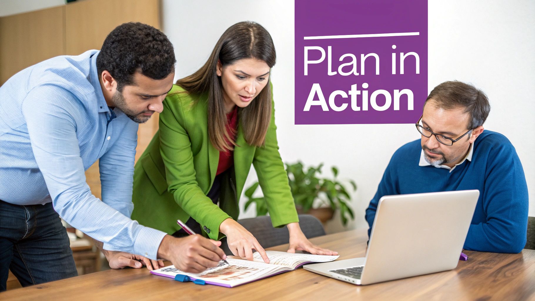 Three diverse colleagues collaborate on a business plan, reviewing documents and using a laptop in an office setting.