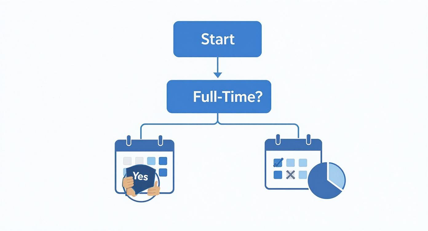 A flowchart illustrates holiday entitlement based on full-time work status, showing calendars.