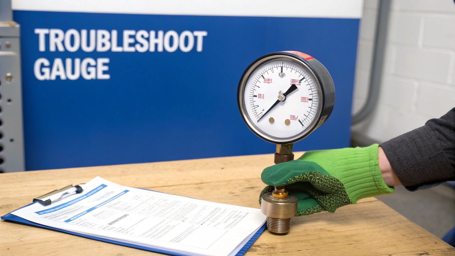 A person in green gloves inspects a pressure gauge on a wooden table next to a clipboard. A blue sign in the background reads 'TROUBLESHOOT GAUGE'.