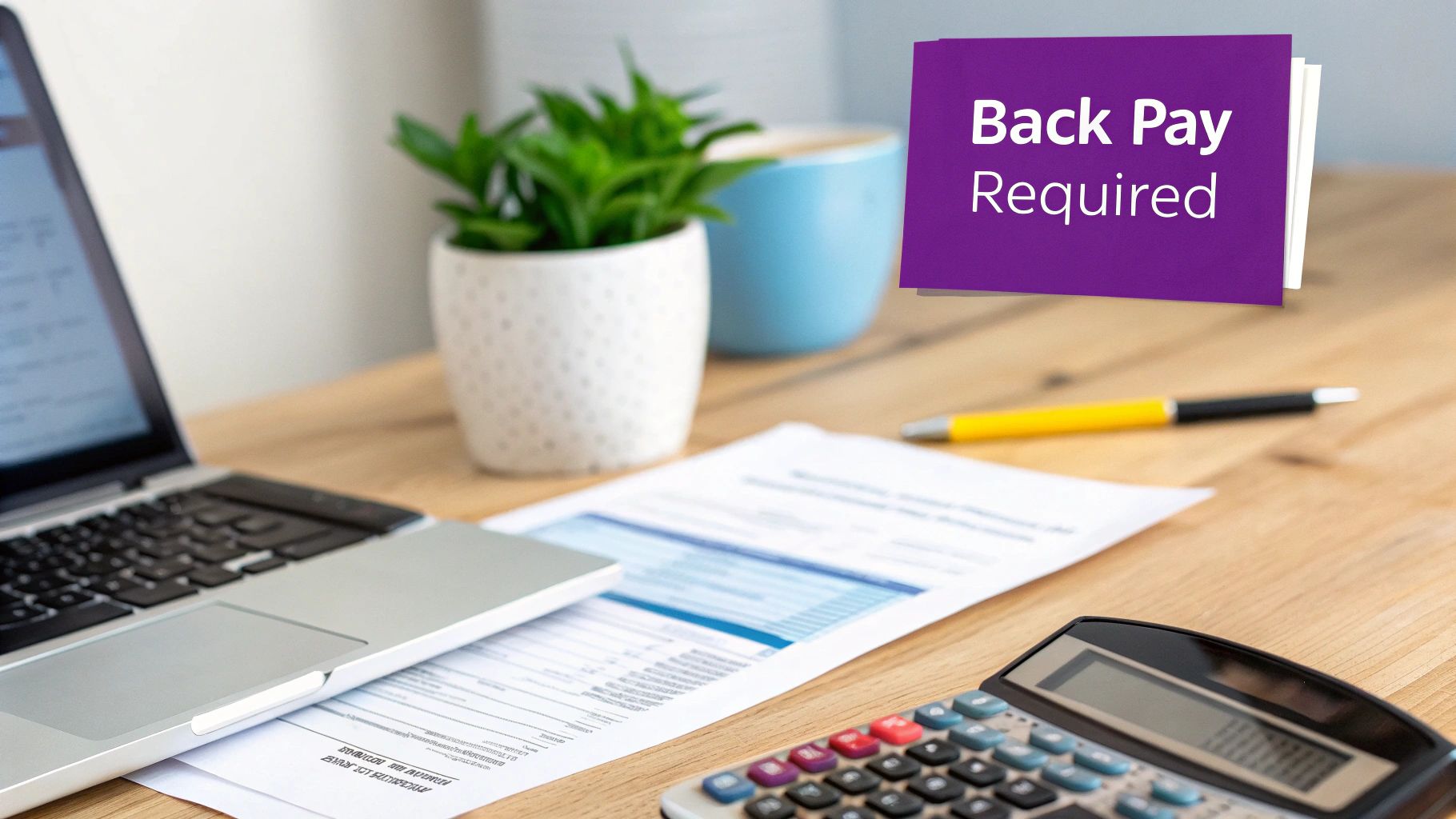 A desk with a laptop, calculator, documents, and a purple sign saying 'Back Pay Required'.