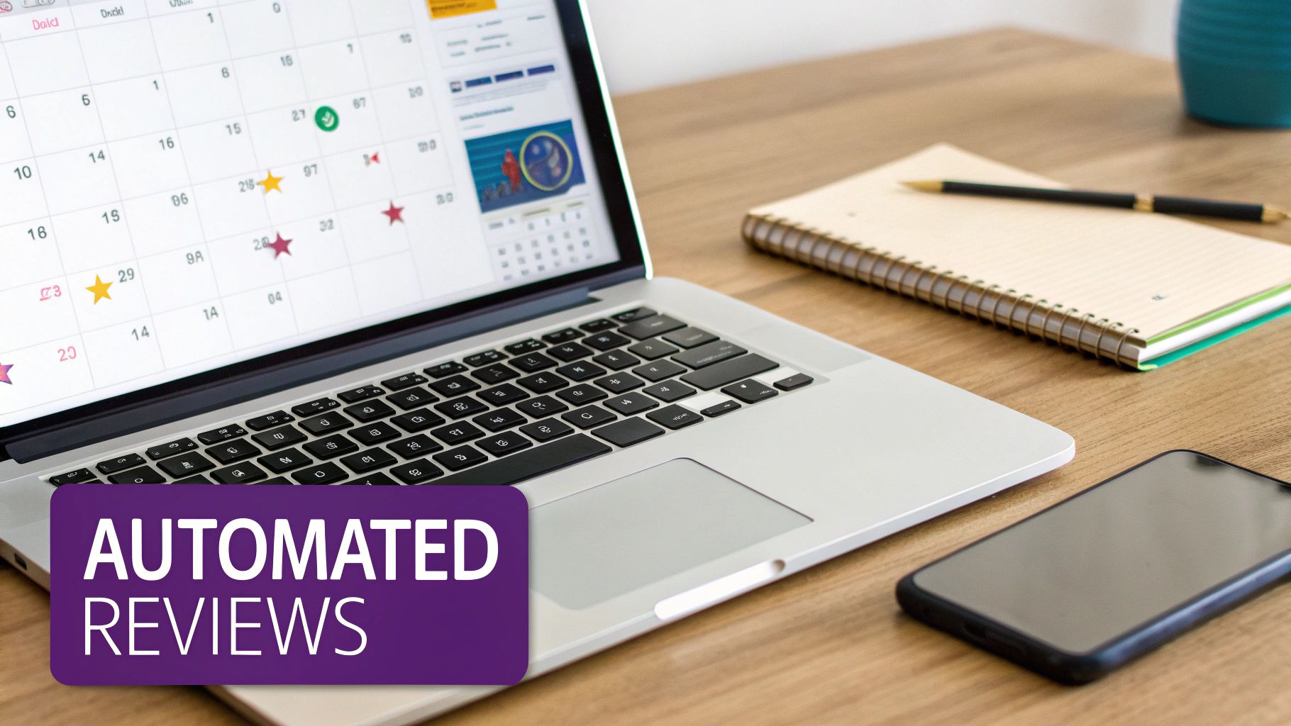 A laptop displaying a calendar with a notebook, pen, and smartphone on a wooden desk, emphasizing automated reviews.