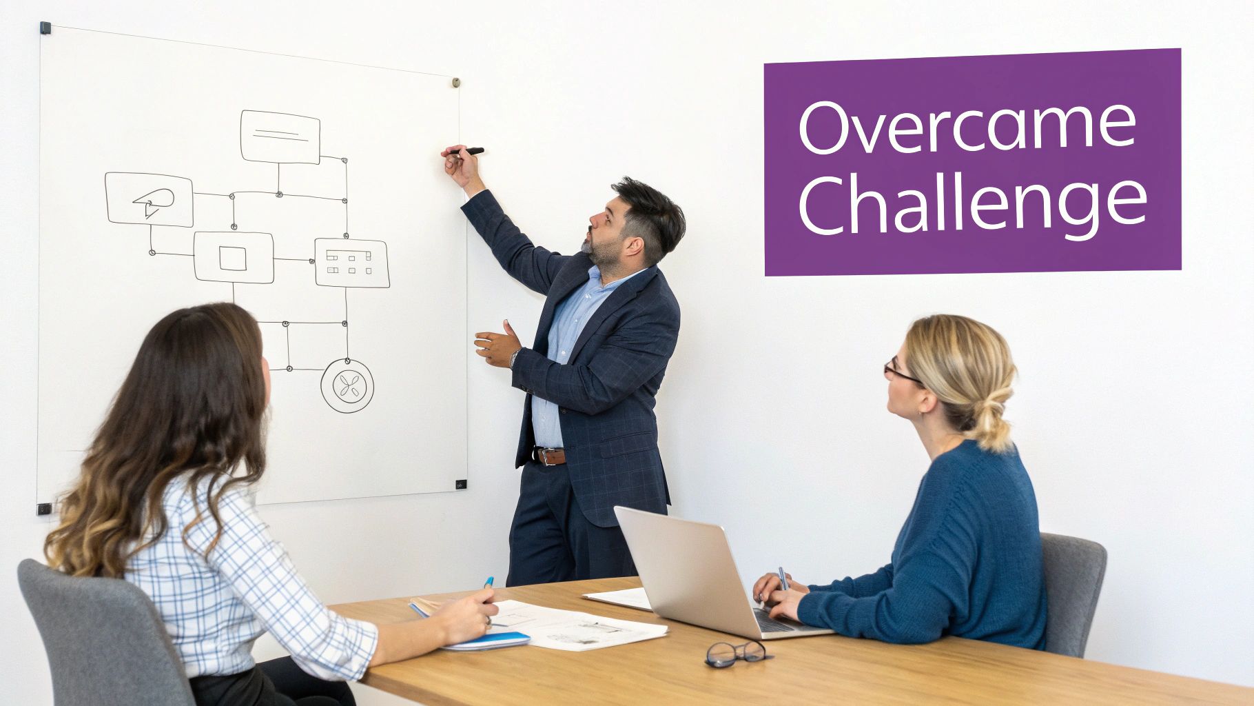 A man drawing a diagram on a whiteboard during a business meeting with two women.