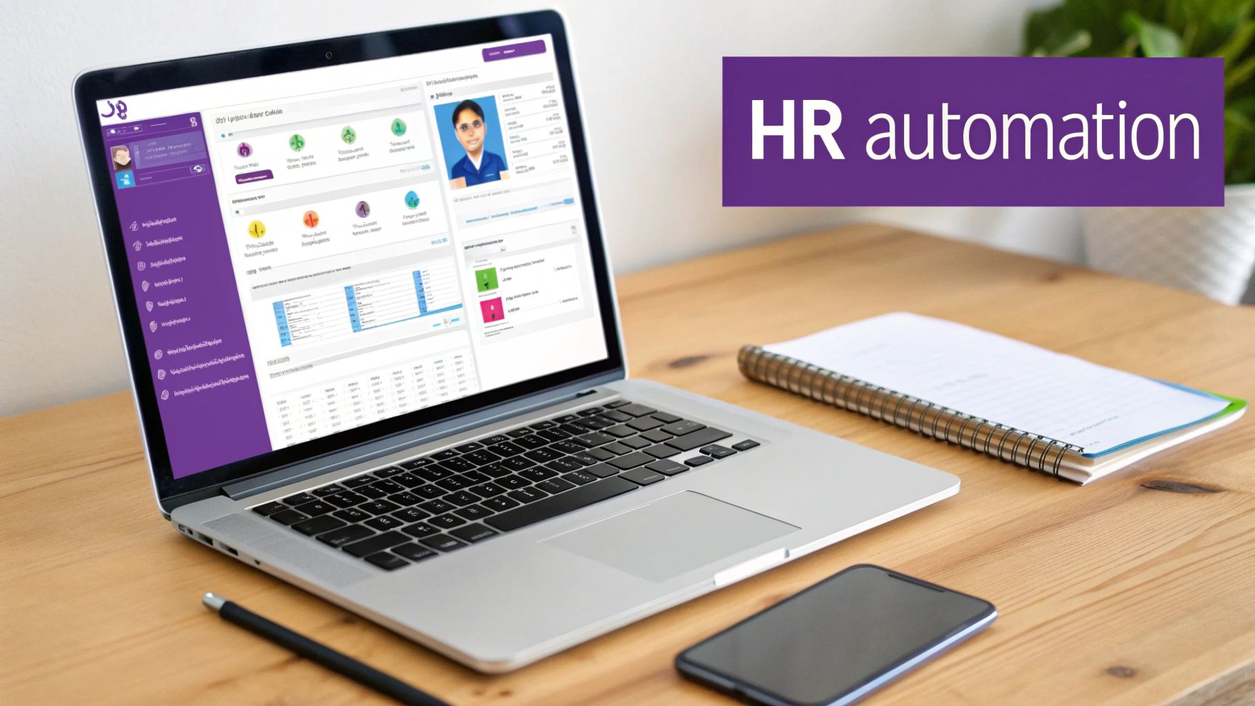Modern workspace featuring a laptop displaying HR software, 'HR automation' banner, notebook, pen, and smartphone.