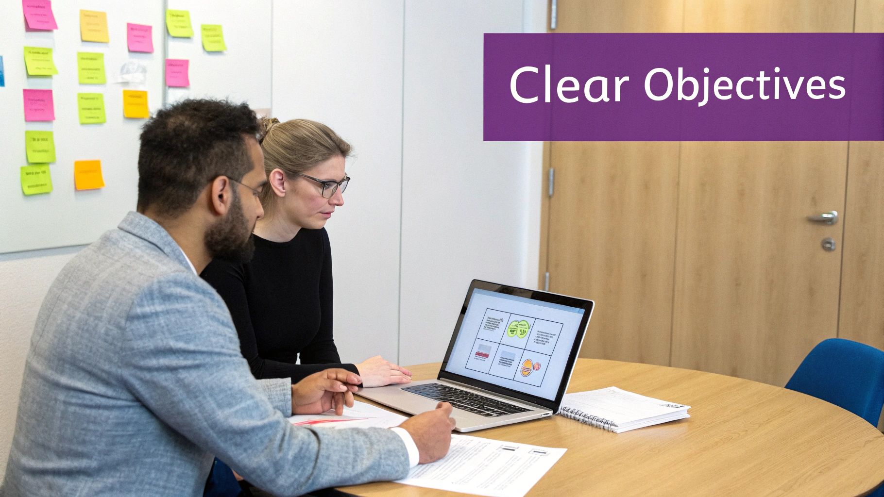 Two professionals collaborate on a laptop with diagrams, surrounded by sticky notes and documents, focusing on clear objectives.