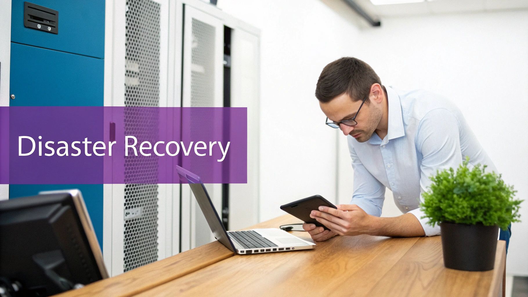 A man in a server room reviews data on a tablet with 'Disaster Recovery' text overlay.