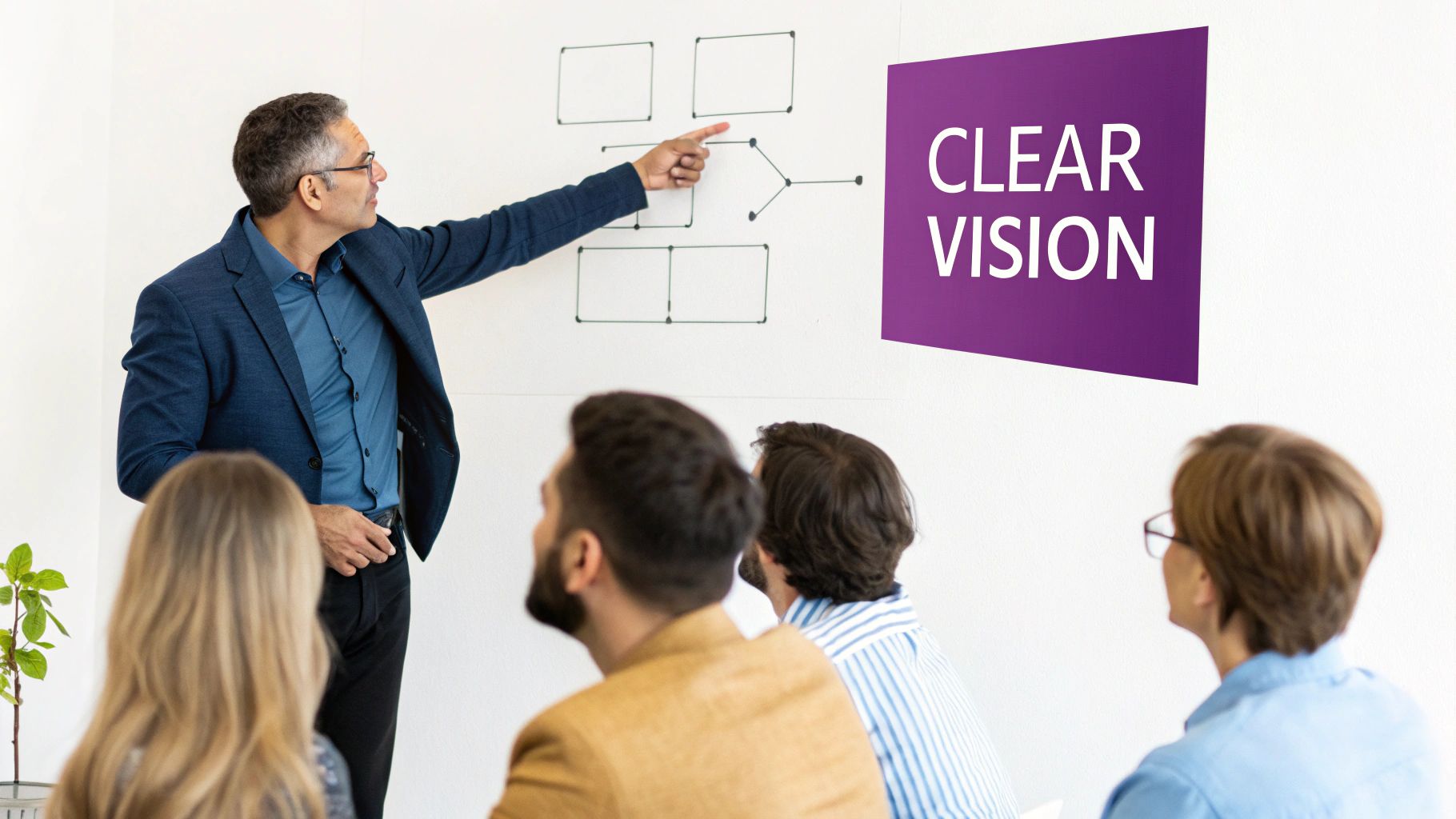 A man in a blue jacket presents a 'Clear Vision' strategy on a whiteboard to a diverse audience.