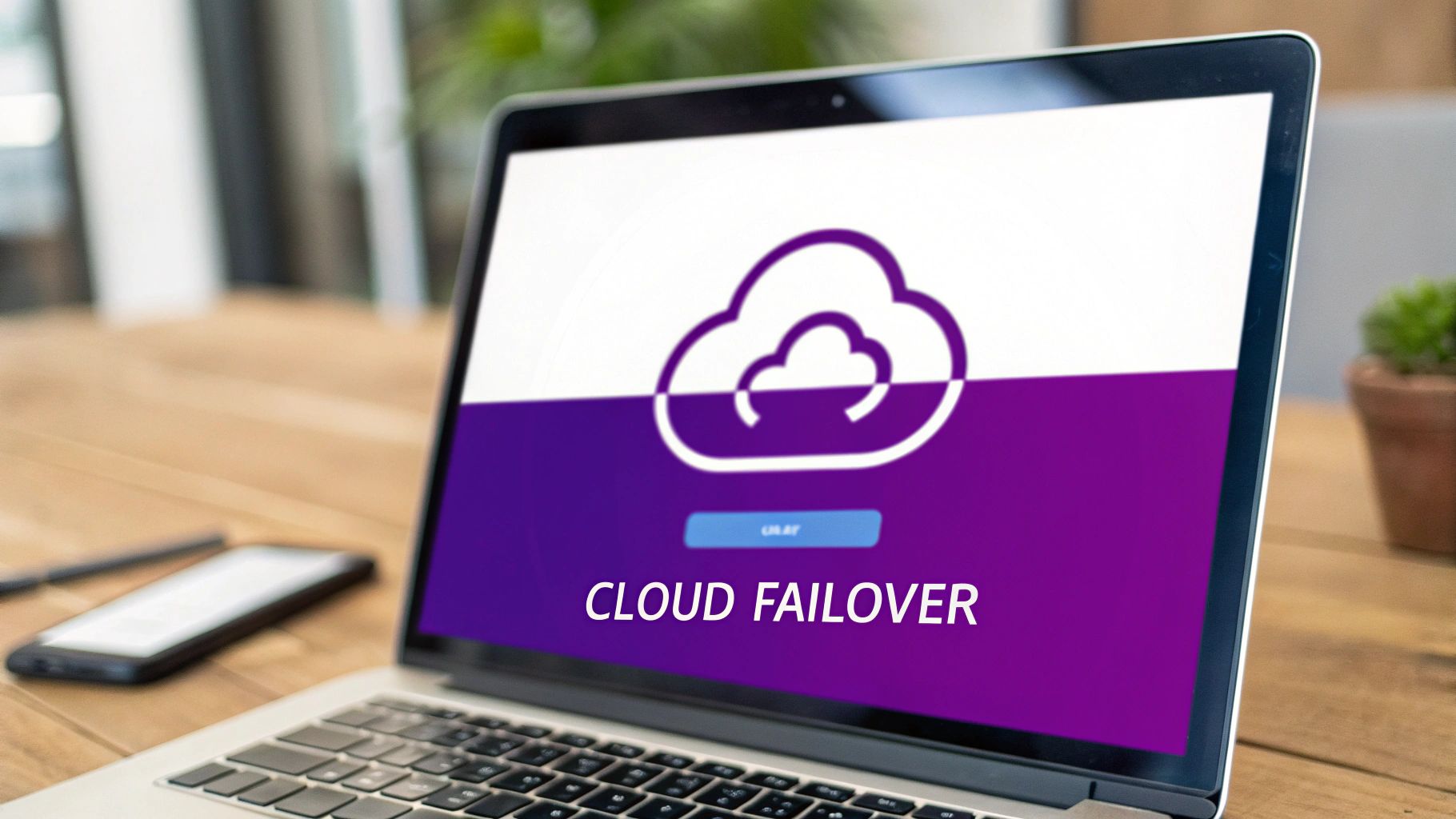 A laptop screen showing 'CLOUD FAILOVER' and a cloud icon on a wooden desk.