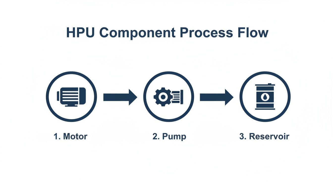 Diagram illustrating the HPU component process flow: Motor, Pump, and Reservoir connected by arrows.