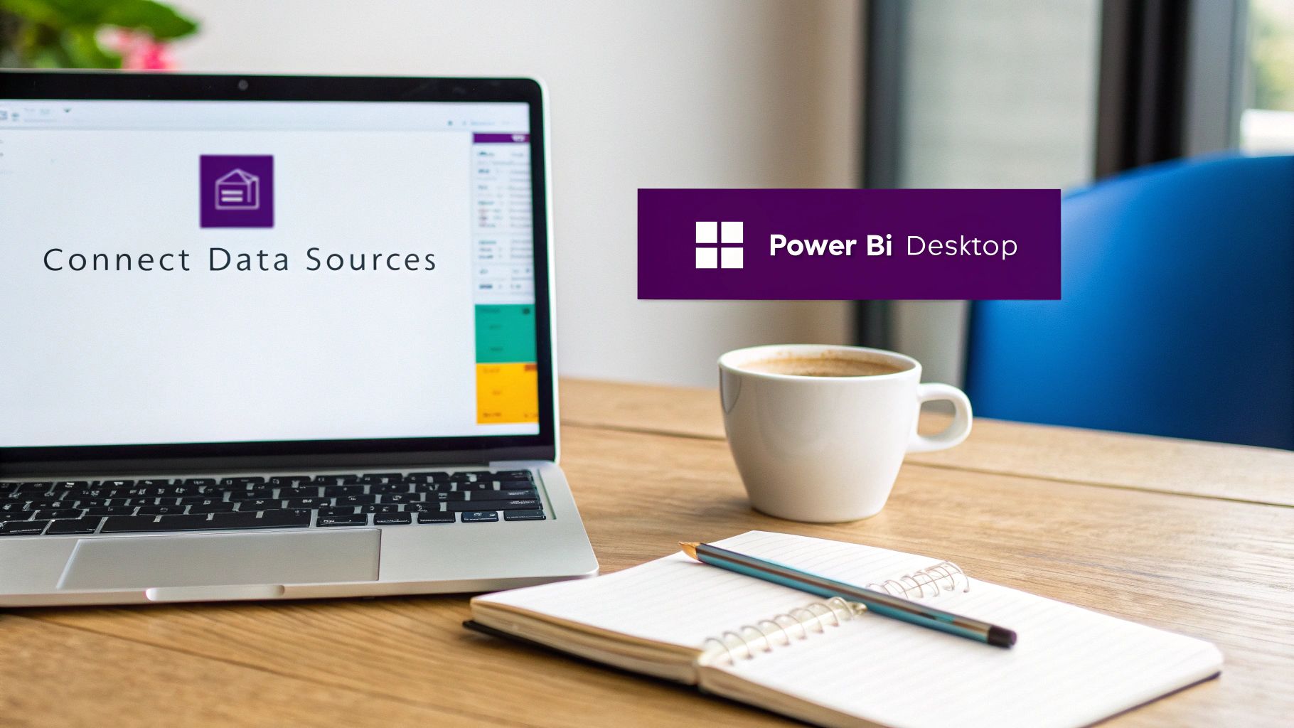 Laptop screen displaying 'Connect Data Sources' in Power BI Desktop with a coffee cup and notebook.