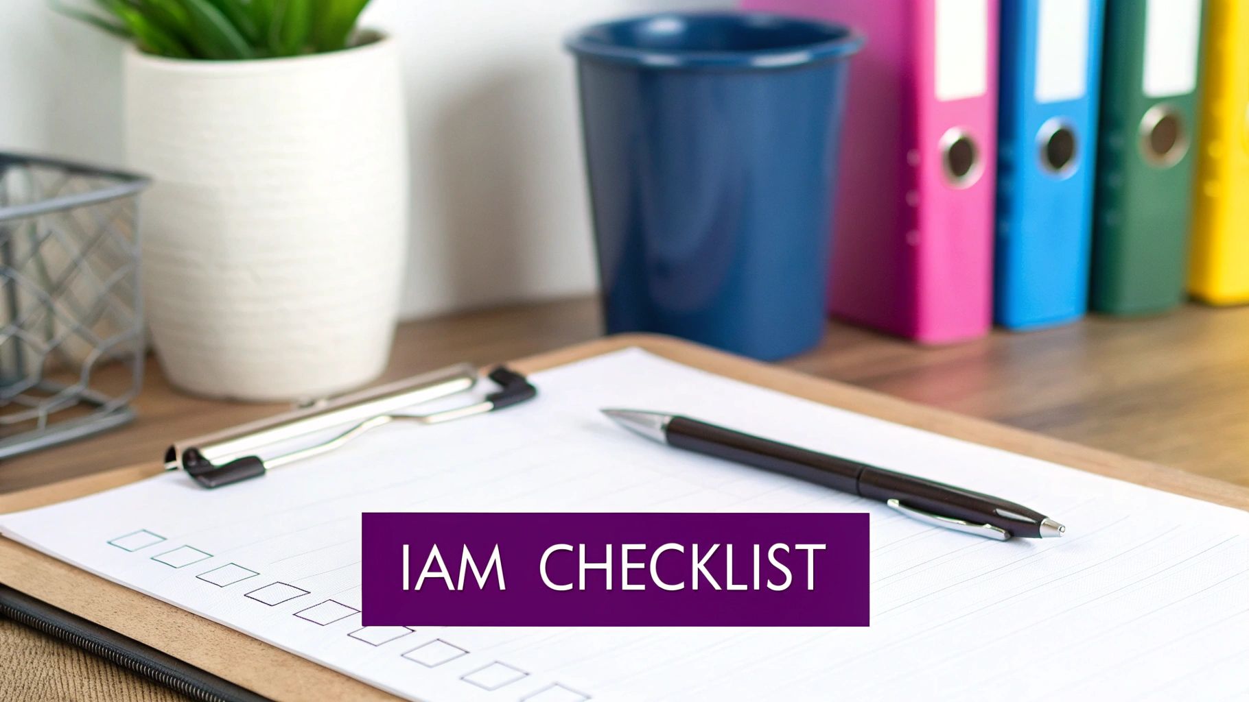 A desk scene with a clipboard showing a checklist, a pen, a plant, and colorful office binders.