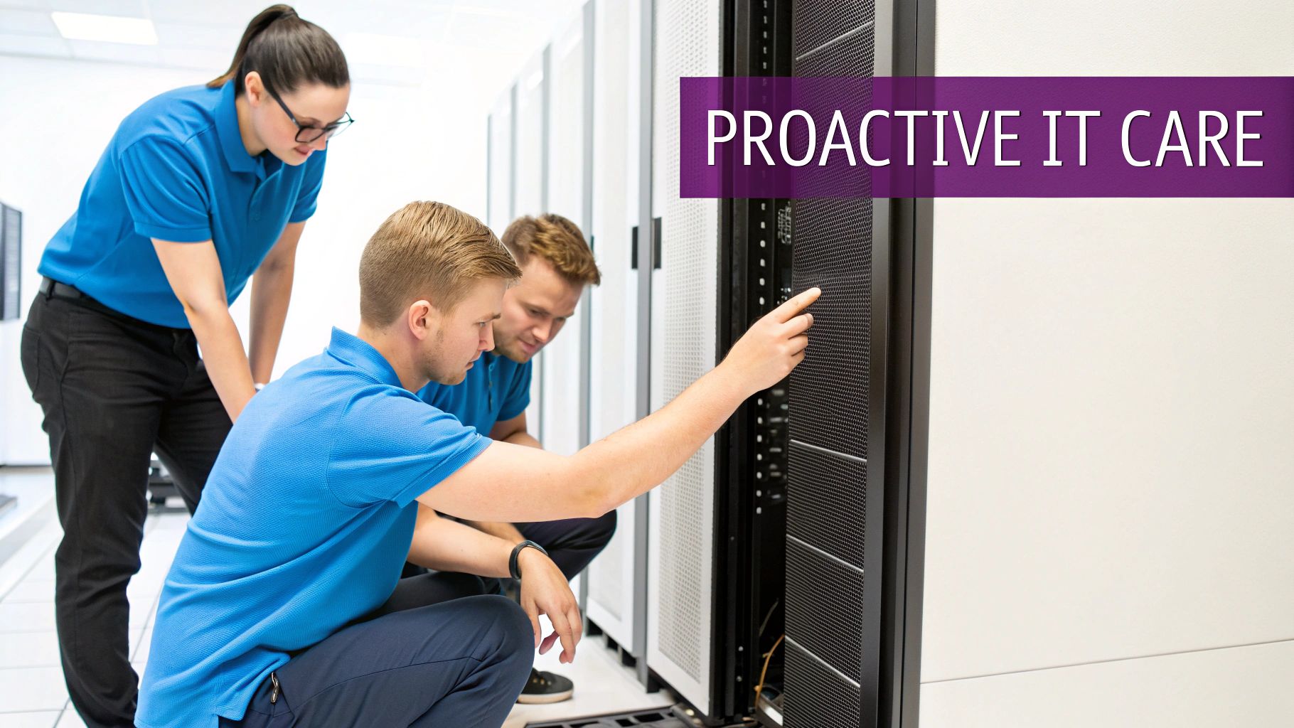 IT professionals in blue polos inspecting server racks in a data center, indicating proactive IT care.