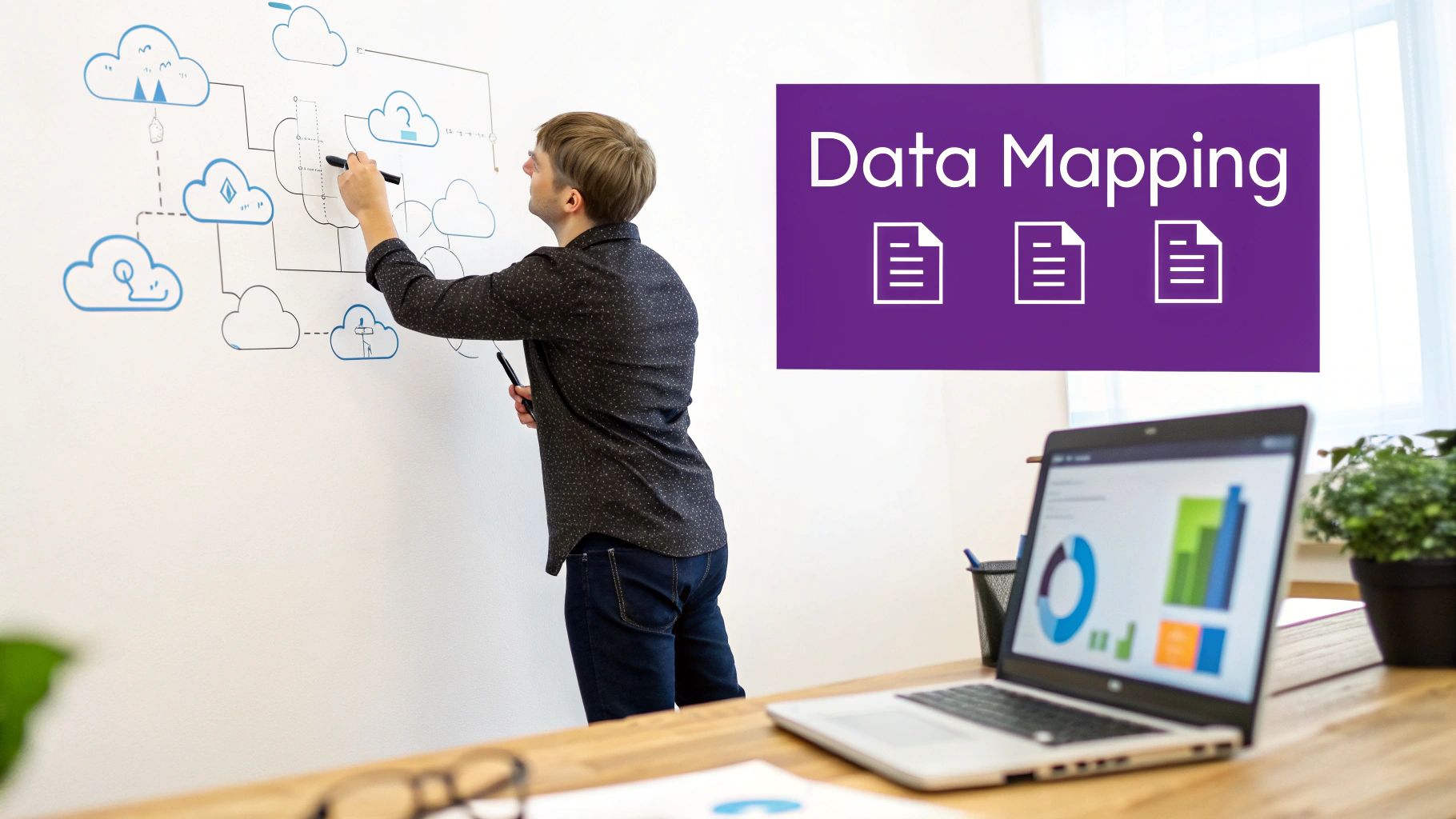 A man draws a cloud data mapping diagram on a whiteboard, with a laptop showing charts on a desk.