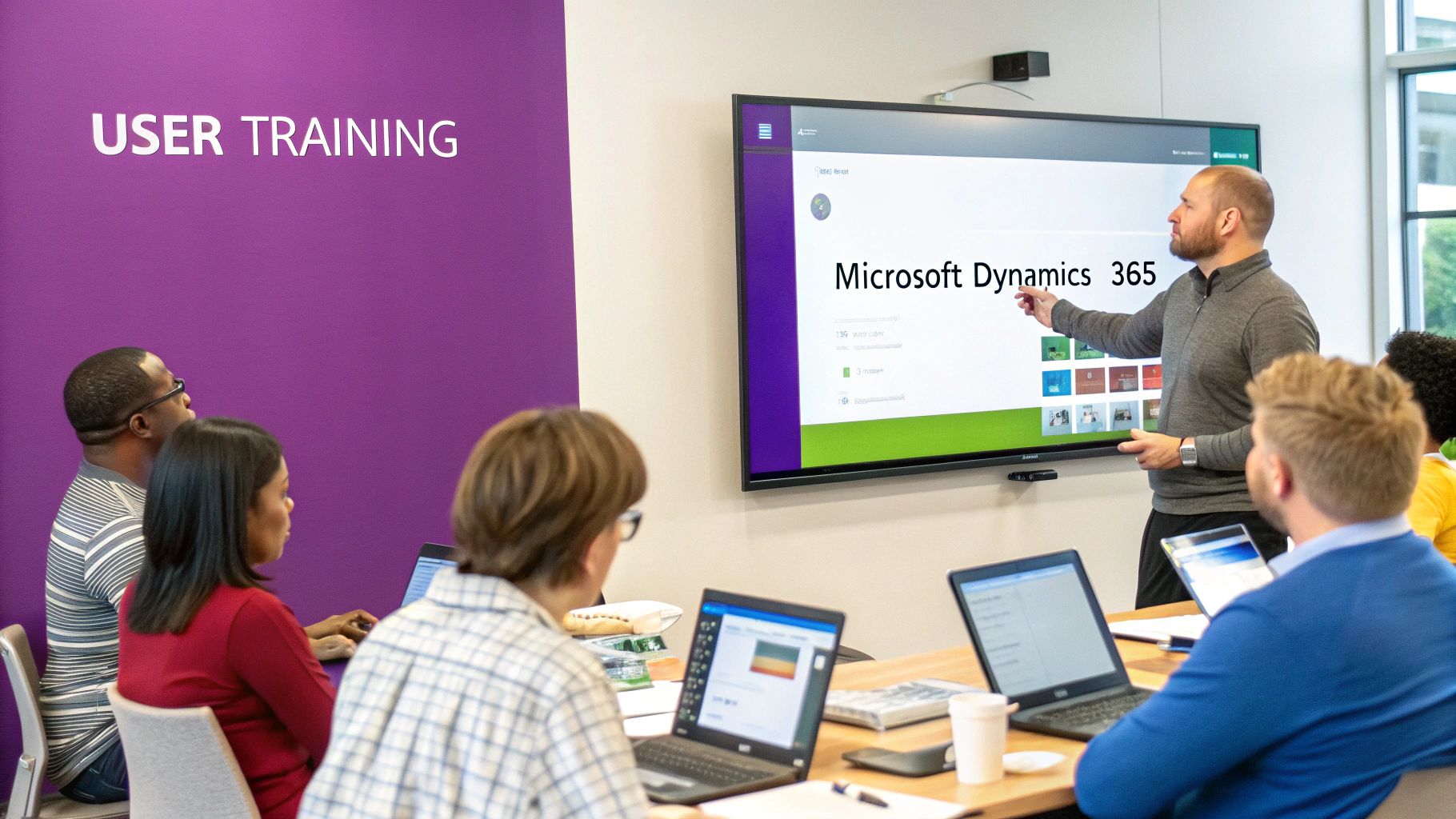 A man teaches a 'Microsoft Dynamics 365' user training session to a diverse group of professionals.