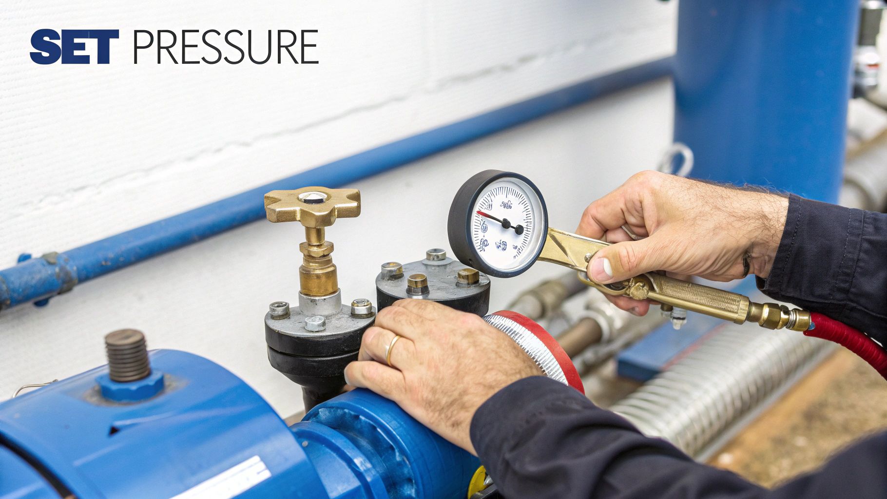 A technician calibrates an industrial pressure gauge on blue machinery, ensuring system accuracy and safety.