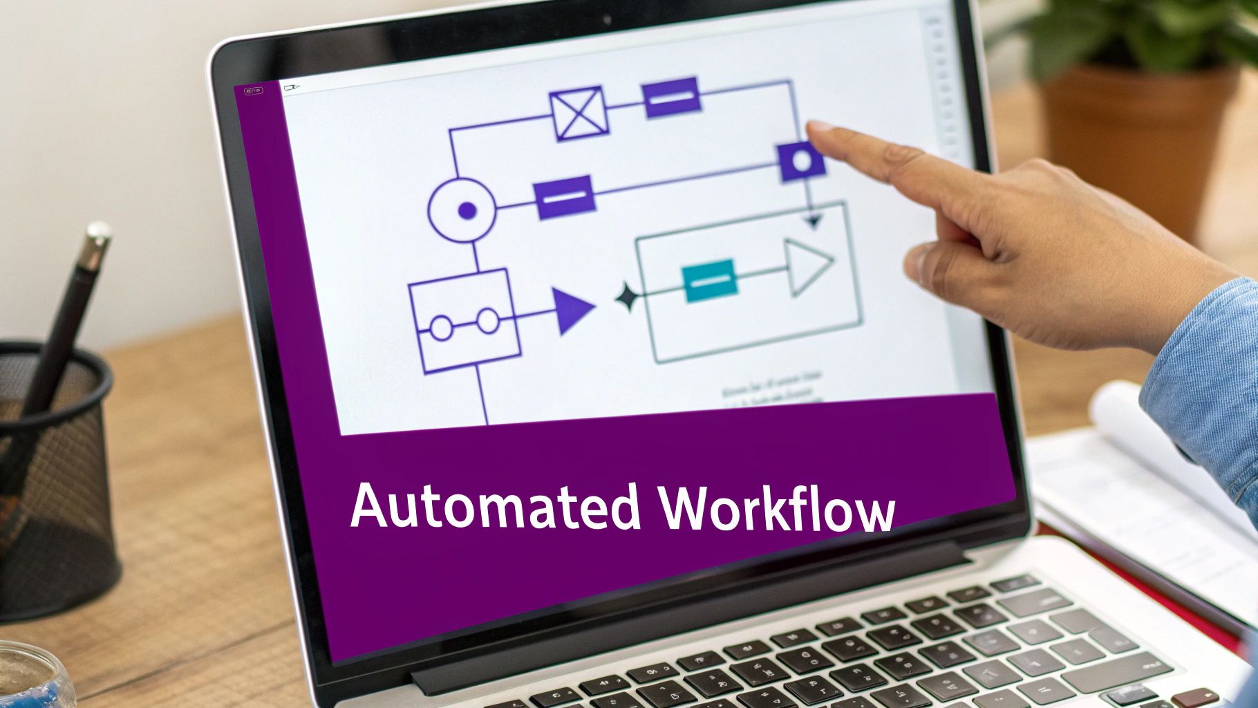 A hand points to a laptop screen displaying an automated workflow diagram with various process steps.