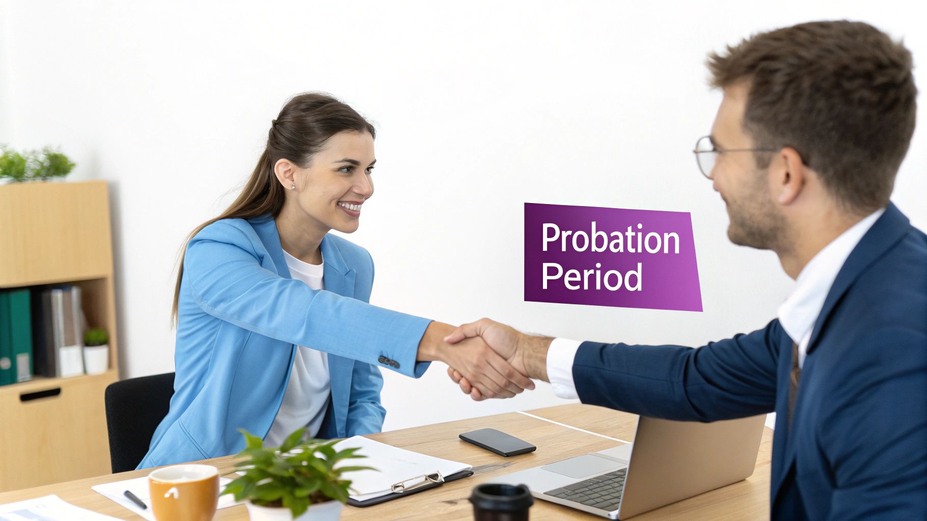 Smiling professionals shake hands over an office desk, signifying a probationary period.