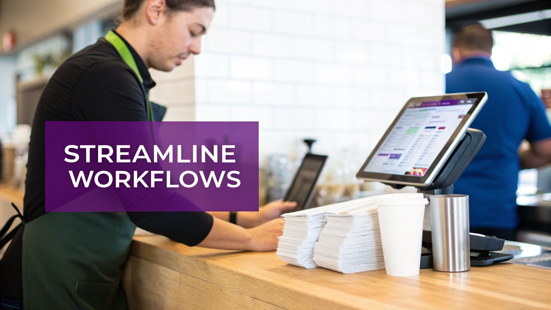 A team collaborating around a computer screen, illustrating the concept of business process automation.