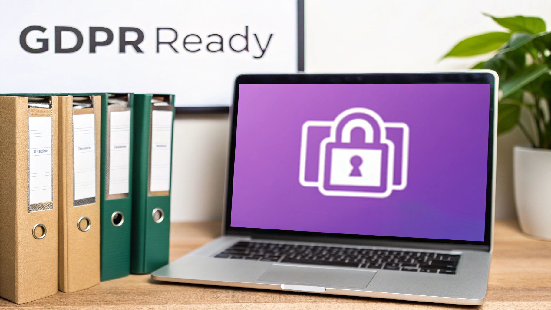 A laptop displaying a data security padlock icon, next to binders and a 'GDPR Ready' sign.