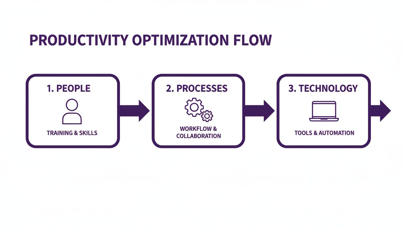 Flowchart showing three steps for productivity optimisation: People, Processes, and Technology.