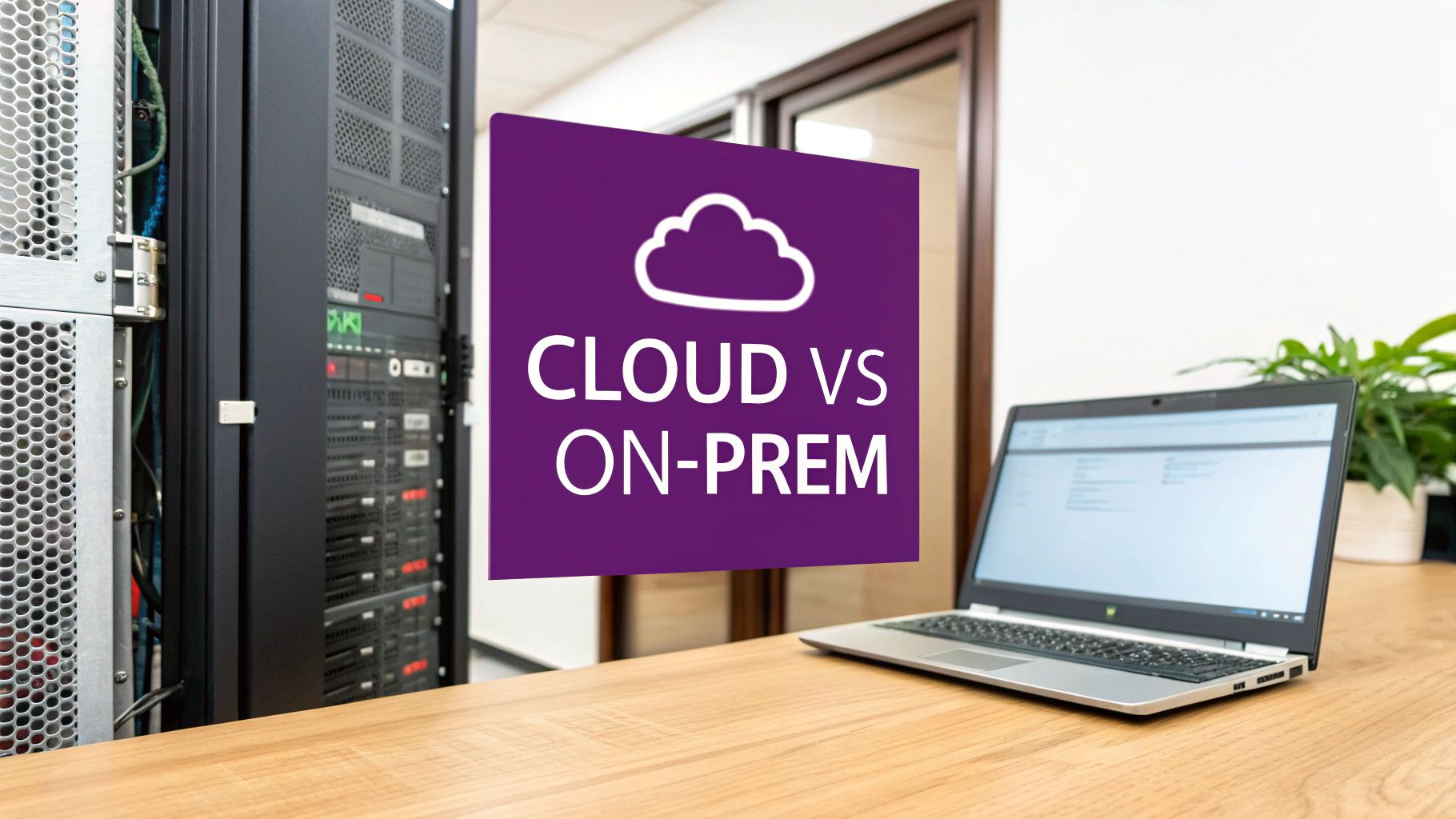 Visual comparison of cloud computing with a cloud icon and on-premise data center racks, next to a laptop.