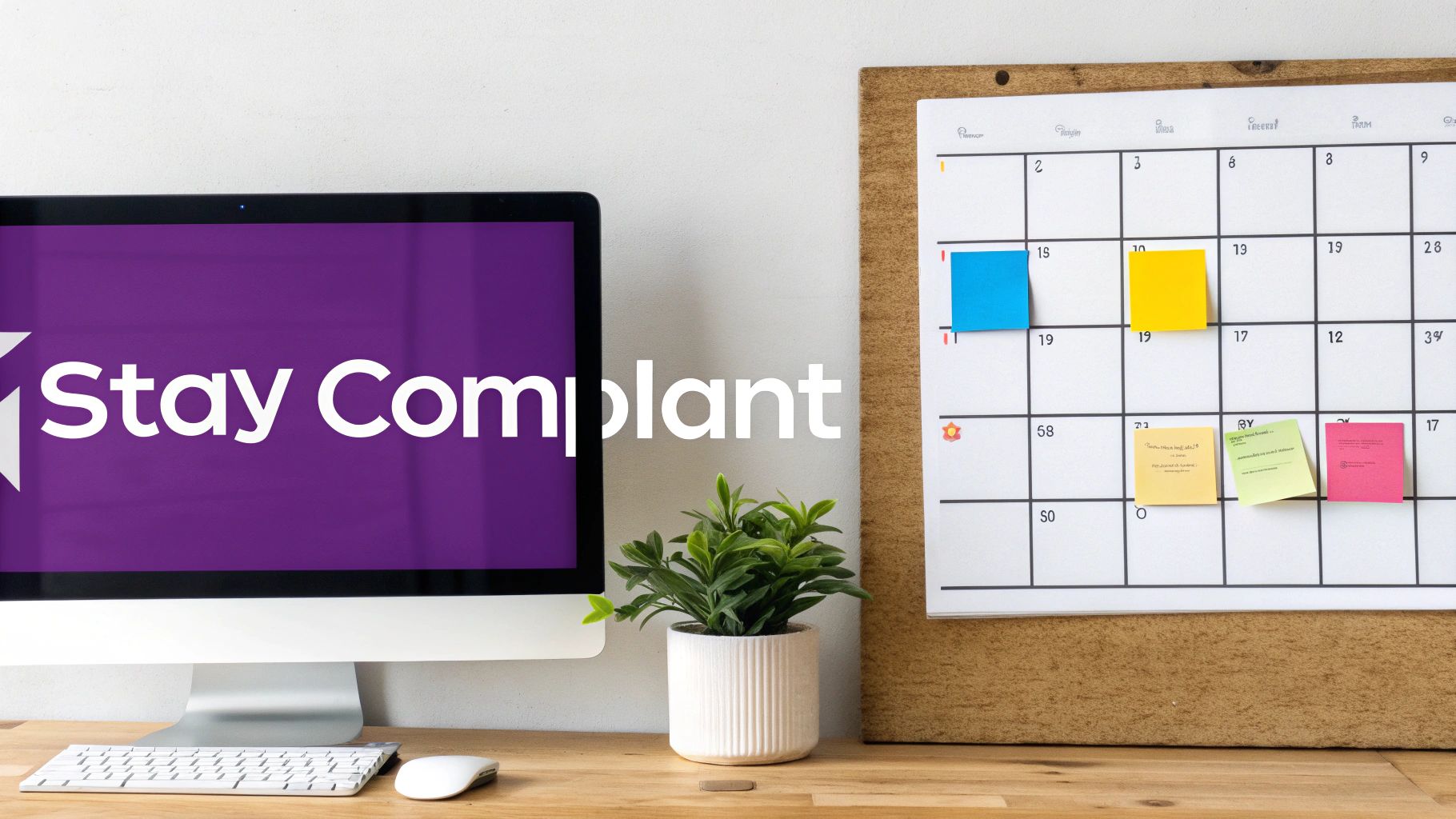 A modern office desk with a computer displaying "Stay Compliant" and a calendar with notes.