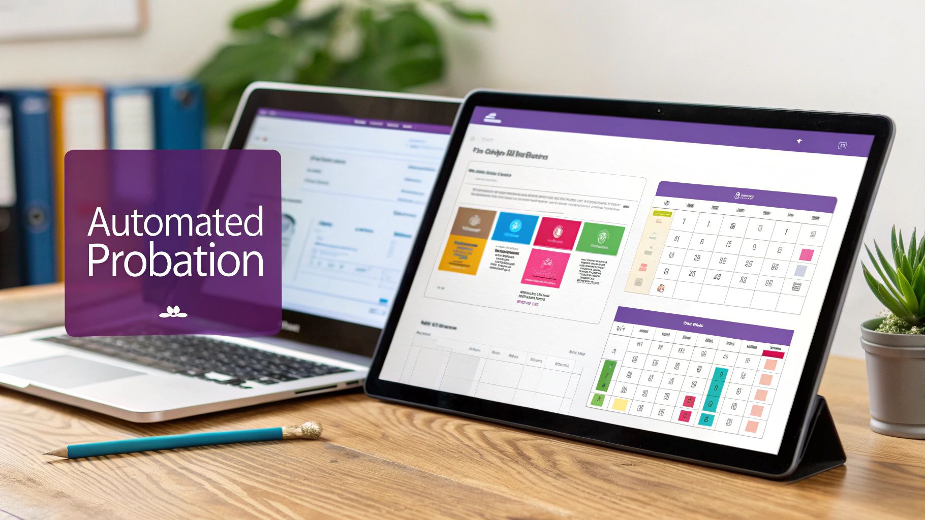 A tablet and laptop display a purple-themed 'Automated Probation' dashboard on a wooden desk, symbolizing modern task management.