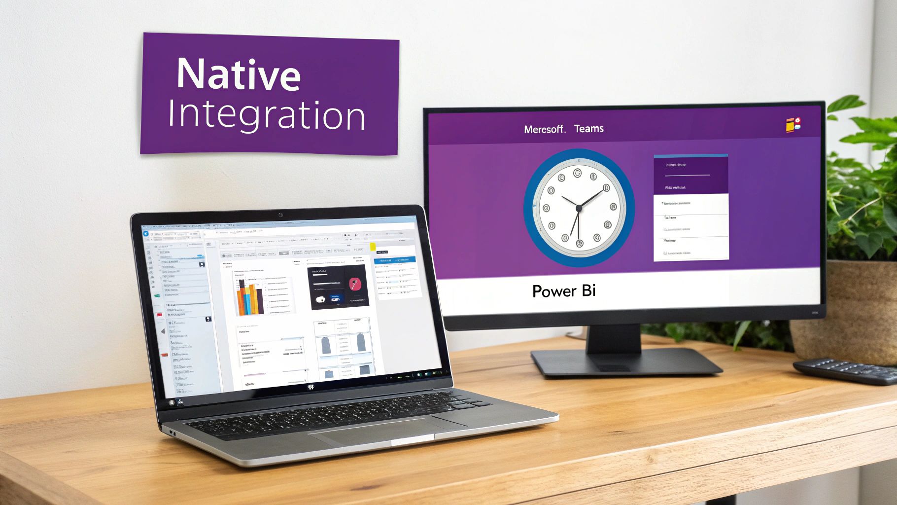 Laptop and monitor showcasing Microsoft Teams and Power BI with business data dashboards, highlighting native integration.